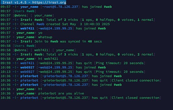 The image displays a terminal interface showing an IRC chat log involving a bot named pieterbot.