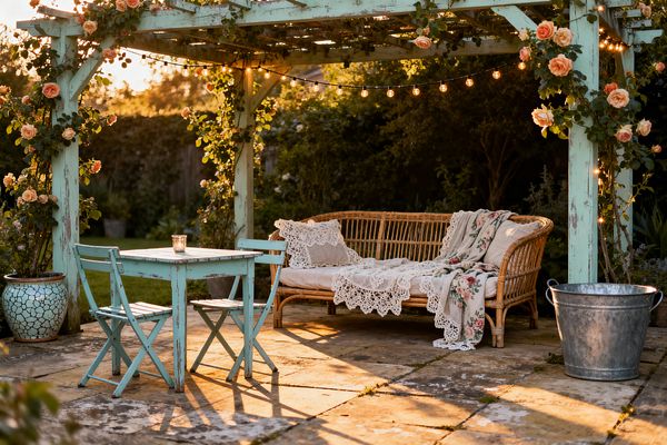 A shabby chic garden patio at golden hour features a distressed duck‑egg blue wooden pergola wrapped with climbing roses and globe string lights. Beneath, a rattan sofa with a white cushion is layered with crochet‑lace pillows and a floral throw, facing a matching painted bistro table and folding chairs on weathered sandstone pavers; a crackle‑glaze ceramic planter, galvanized bucket, and a small candle in a glass votive complete the romantic, timeworn setting.