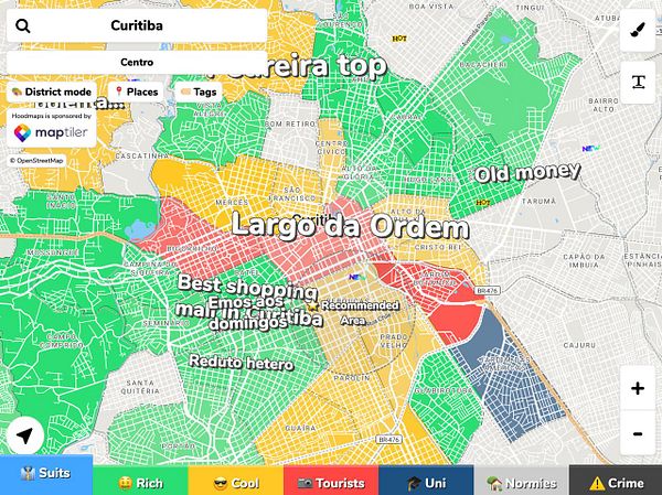 Map showing neighborhoods of Curitiba with boundary lines in a GeoJSON data view interface.
