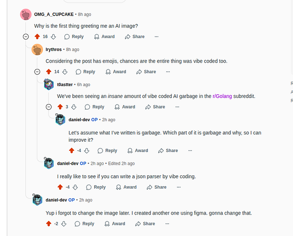 A Reddit comment thread discussing AI-generated content and vibe coding.