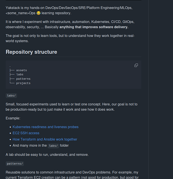 A GitHub README file for the Yakstack project displayed in a browser.