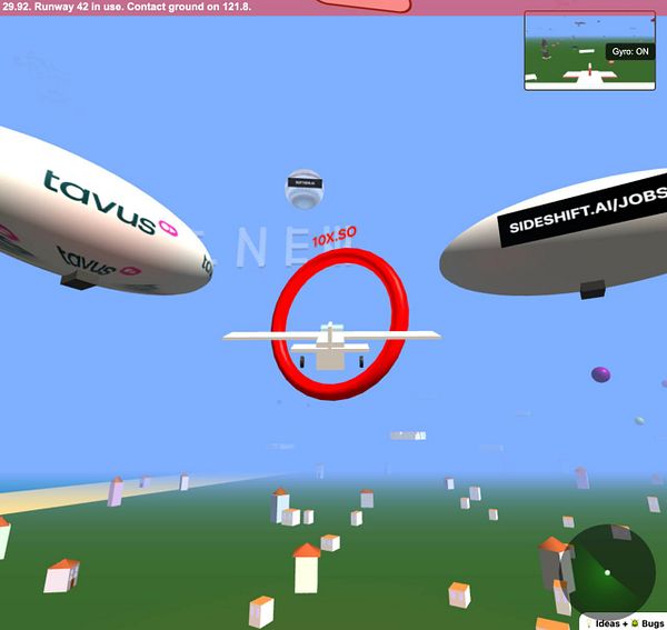 A virtual scene featuring a small aircraft flying through a red ring with various blimps and buildings in the background.
