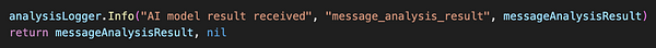 The image displays a code snippet related to logging AI model results.