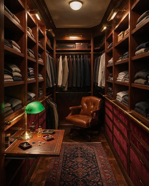 A narrow walk-in closet lined with dark wood shelves and hanging rails, folded sweaters and tailored clothing arranged on both sides. A brown leather chair, green banker’s lamp, Persian-style runner, and warm brass lighting create a moody Dark Academia atmosphere.