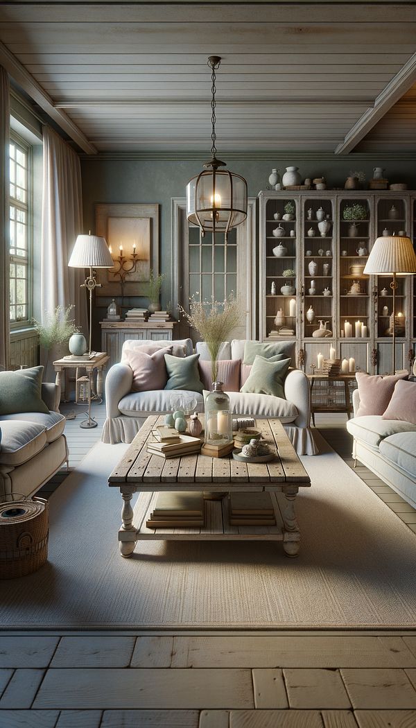 A cozy living room adorned with cottage furniture, including a distressed wood coffee table, soft upholstered sofas, and a bookshelf filled with vintage trinkets, under the soft glow of wrought iron lamps.