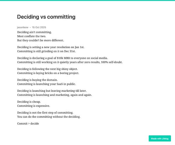 The image presents a text-based discussion on the differences between deciding and committing.