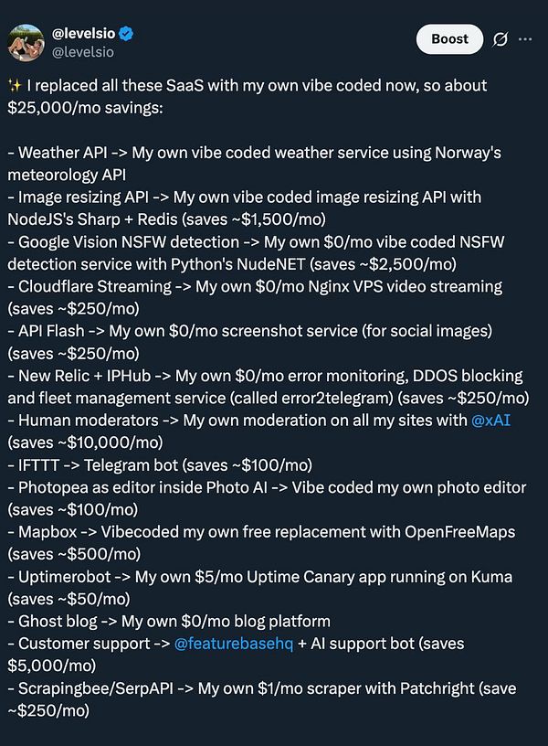 Screenshot of a Twitter post by user 'Levelsio' with a detailed tweet about achieving cost savings by coding SaaS replacements with Vibe coding, including replies and interface elements.