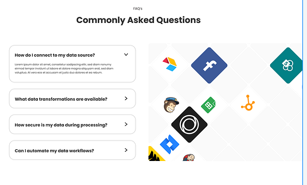 The image displays a Figma design for a FAQ section featuring common questions and various logos.