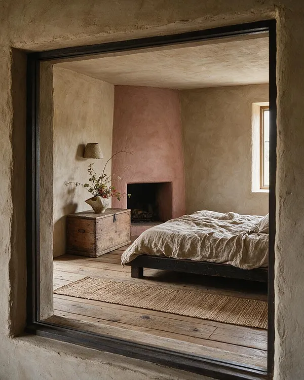 A serene guest bedroom with rough plaster walls, a muted pink fireplace, and a low dark wood bed dressed in wrinkled linen bedding. A weathered wooden chest with a ceramic vase and dried branches sits beside a small wall sconce, while a woven rug and a small window add warmth and soft natural light.