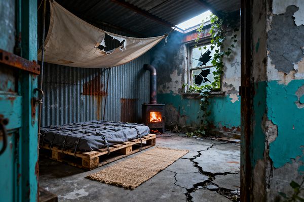 A makeshift bedroom in a dilapidated room features a low bed built from stacked wooden pallets, topped with a gray canvas mattress secured by heavy rope. A small black wood-burning stove glows beside corrugated metal walls, while a torn canvas canopy hangs overhead. The cracked concrete floor holds a narrow jute rug. Peeling turquoise and white paint and a broken window with creeping ivy frame the space, lit by daylight and the warm fire.