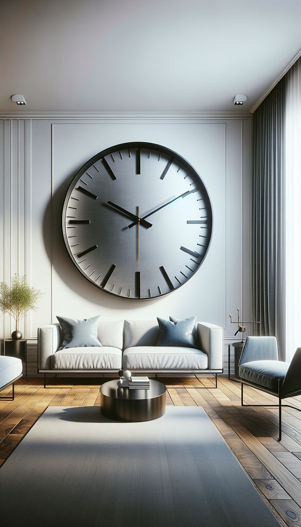 A stylish wall clock mounted on a wall above a modern living room sofa, blending seamlessly with the room's contemporary decor.