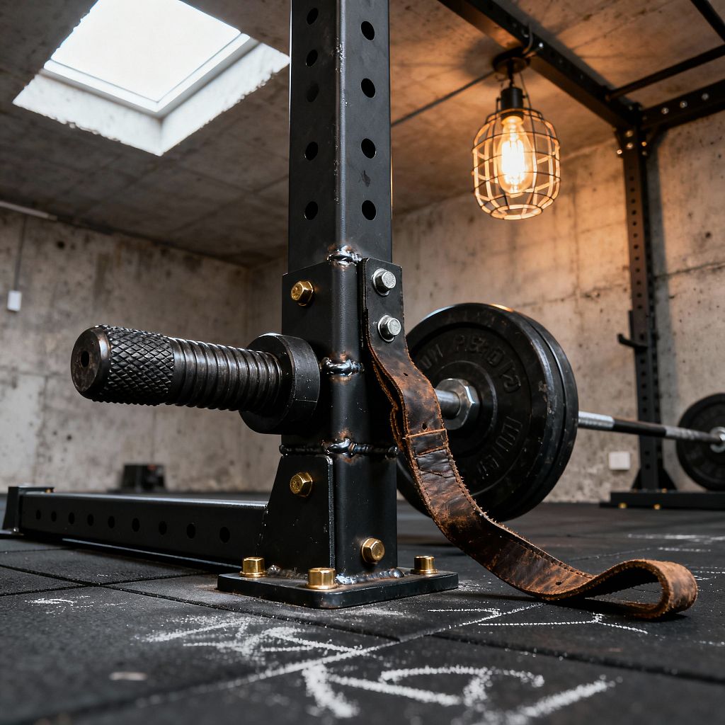 A close-up of a black steel power rack shows perforated uprights, visible welds, and gold-toned anchor bolts on rubber flooring dusted with chalk. A worn brown leather lifting strap drapes from the post, with a barbell loaded with black cast-iron plates in the background, while exposed concrete walls, a ceiling skylight, and a wire-caged Edison bulb create a raw, industrial atmosphere.