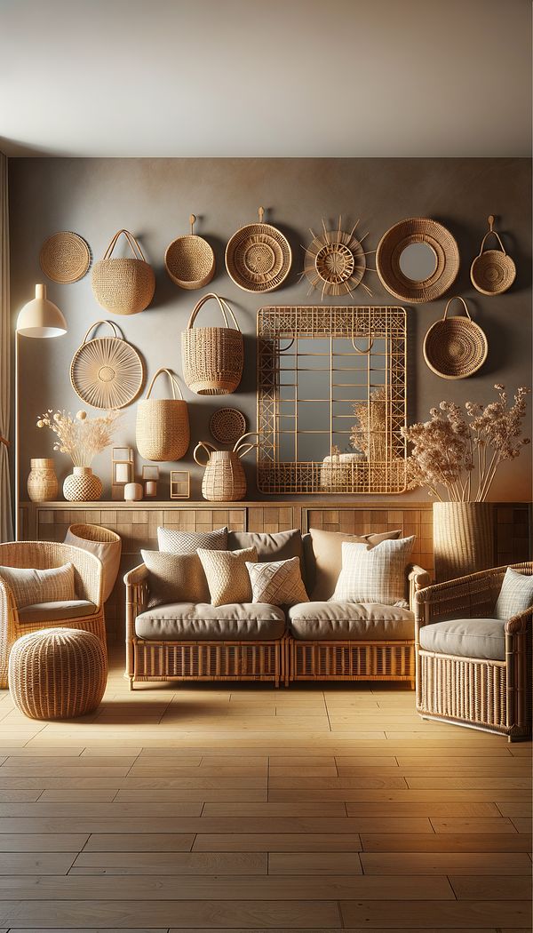 a cozy living room featuring a rattan sofa and chairs, with decorative rattan items like baskets and a mirror on the walls