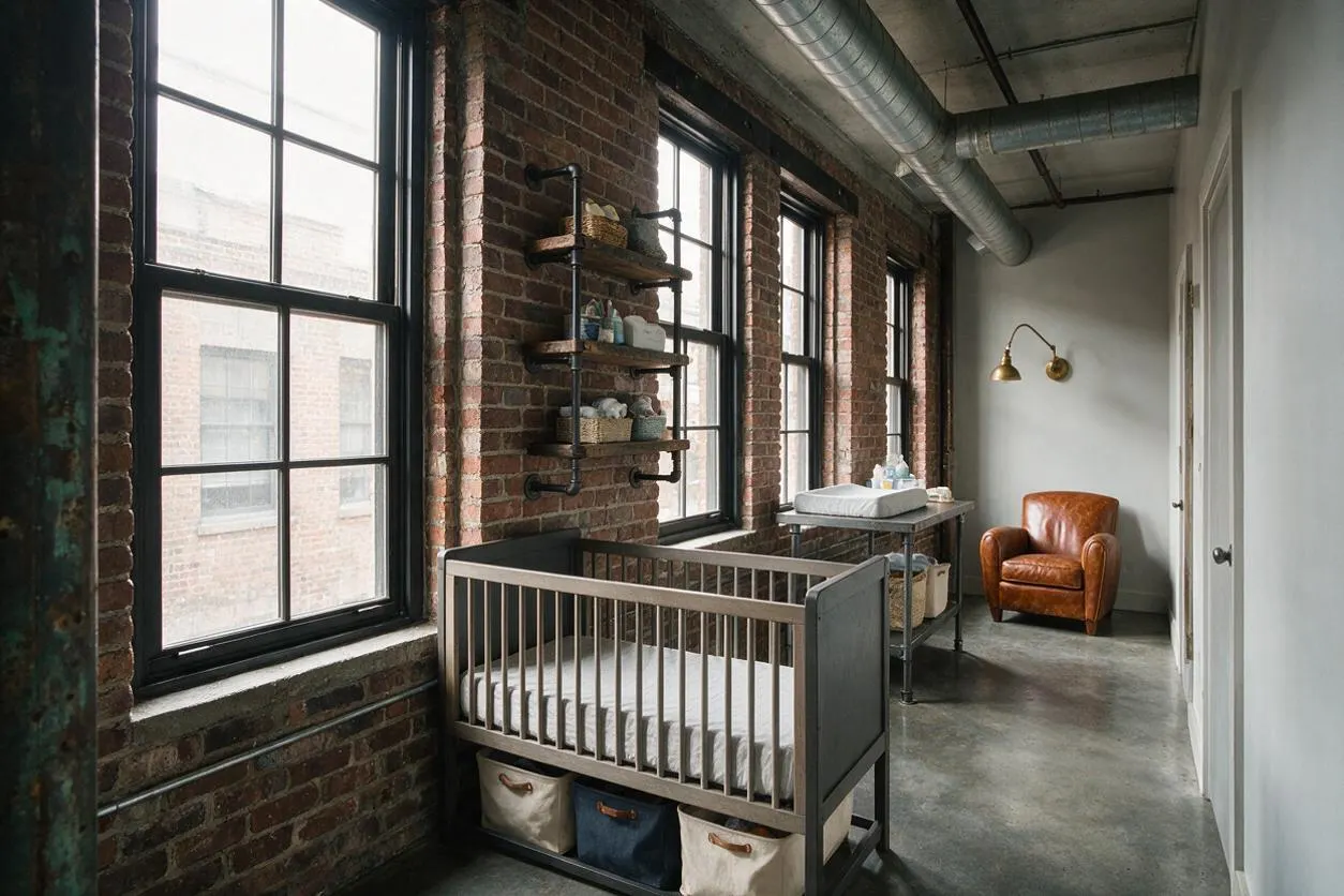A narrow industrial-style nursery with exposed brick walls, tall black-framed windows, and visible metal ductwork along the ceiling. The room includes a gray crib with storage baskets underneath, a metal changing table near the windows, a tan leather armchair, and a brass wall sconce on a white wall.