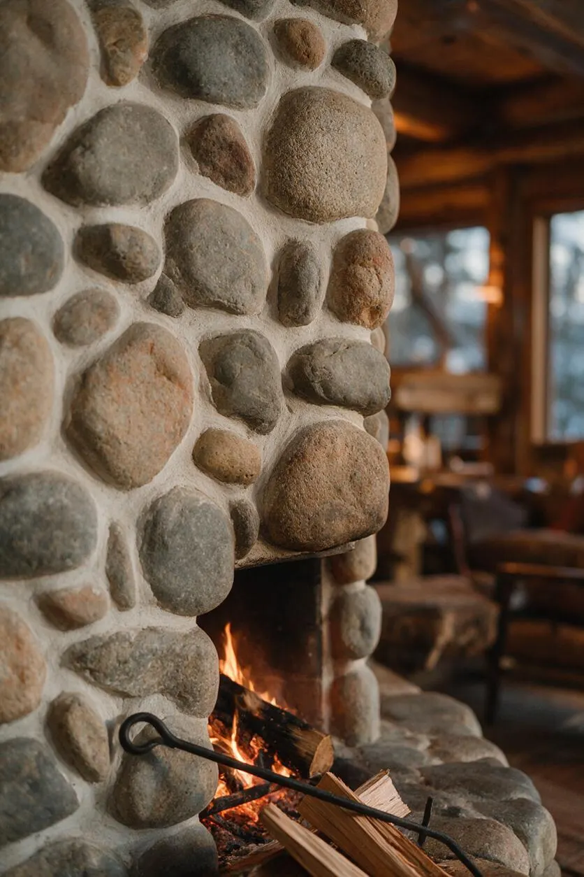 A rustic interior detail shows a large fireplace built from rounded river stones set in light mortar, with a small fire burning inside. Split logs rest at the hearth, and the softly blurred background reveals warm wood beams and a cozy cabin-like room.