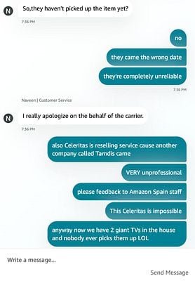 A conversation about the failure to pick up two TVs from a customer service perspective.