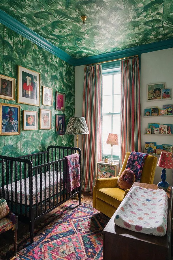 A colorful maximalist nursery features green palm-print wallpaper and matching ceiling paper, a black crib, striped curtains, and a mustard velvet armchair. The room includes framed artwork, wall-mounted children’s books, a bright patterned rug, and playful lamps and textiles throughout.