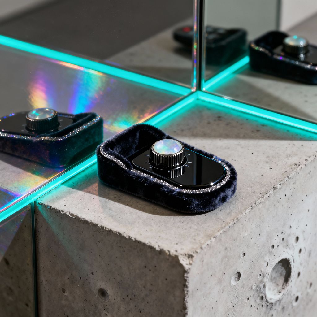 Close-up of a media room corner showing a raw concrete plinth meeting a mirror seam with an integrated teal LED strip. On the surface sits a glossy black control device inside a plush midnight-velvet cradle, trimmed with subtle crystals. A ribbed metal dial with an opalescent cap tops the unit, throwing prismatic reflections into the mirror. The scene mixes industrial concrete with reflective glass and neon glow, expressing a futuristic, glam Cosmic Chic aesthetic.