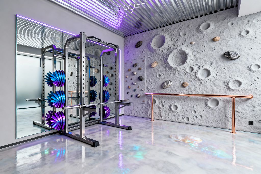 A futuristic home gym features a stainless steel power rack before a wall-to-wall mirror rimmed with purple LED light. Iridescent blue and purple weight plates gleam on a glossy epoxy floor, while a textured gray wall, modeled like a lunar surface with crater hollows and stone-like inserts, anchors a rose-gold ballet barre. Overhead, a corrugated metal ceiling with geometric lighting reinforces the space theme, creating a sleek, reflective atmosphere.