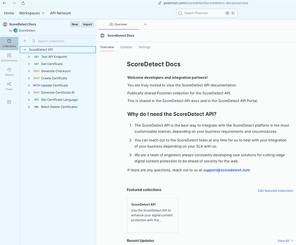 The image displays the ScoreDetect API documentation interface on Postman.