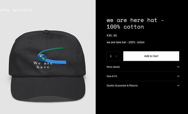 A black baseball cap featuring a graphic design and text, displayed alongside product details for purchase.