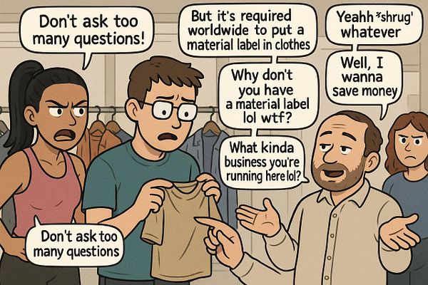 A humorous cartoon depicting a conversation about clothing material labels in a factory setting.