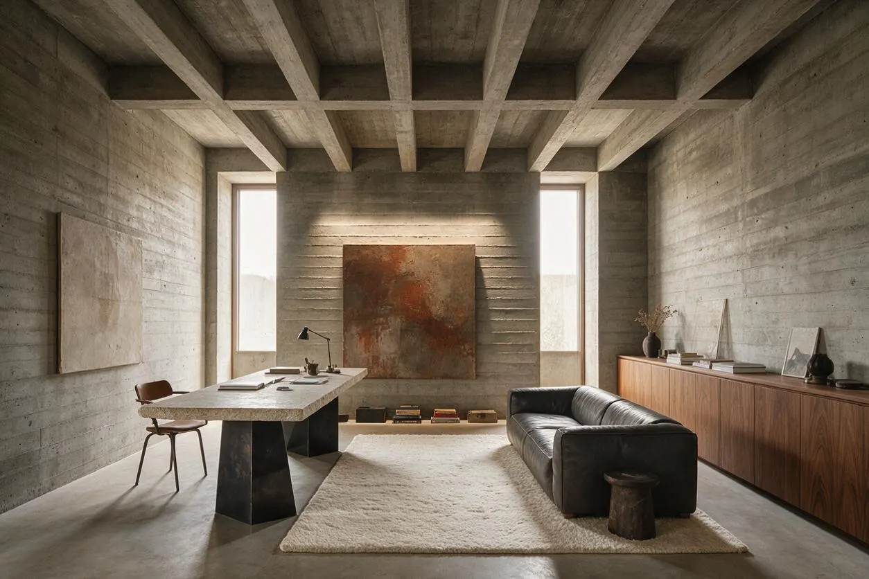 A minimalist home office with exposed concrete walls, beams, and ceiling, centered around a long stone desk with black sculptural legs. A leather sofa, low shag rug, abstract wall art, and warm wood storage cabinet add contrast to the raw architectural shell.