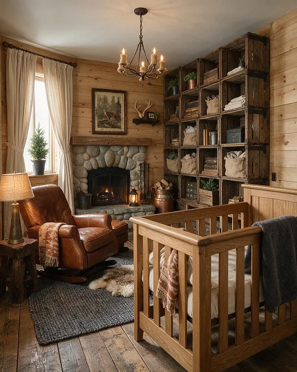 A rustic nursery with wood plank walls, a natural wood crib, and a stone fireplace centered on the back wall. The room includes a leather rocking chair, a tall cubby shelf filled with baskets and decor, a dark woven rug, and warm layered lighting from a chandelier and table lamp.