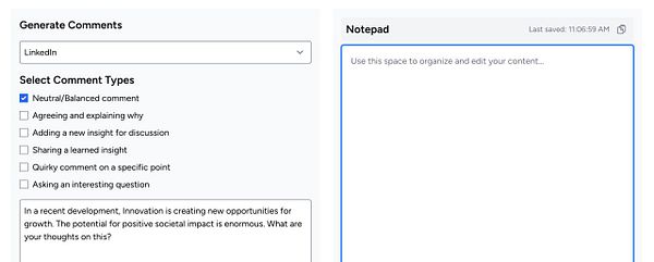 The image displays a user interface for generating comments and a notepad feature.