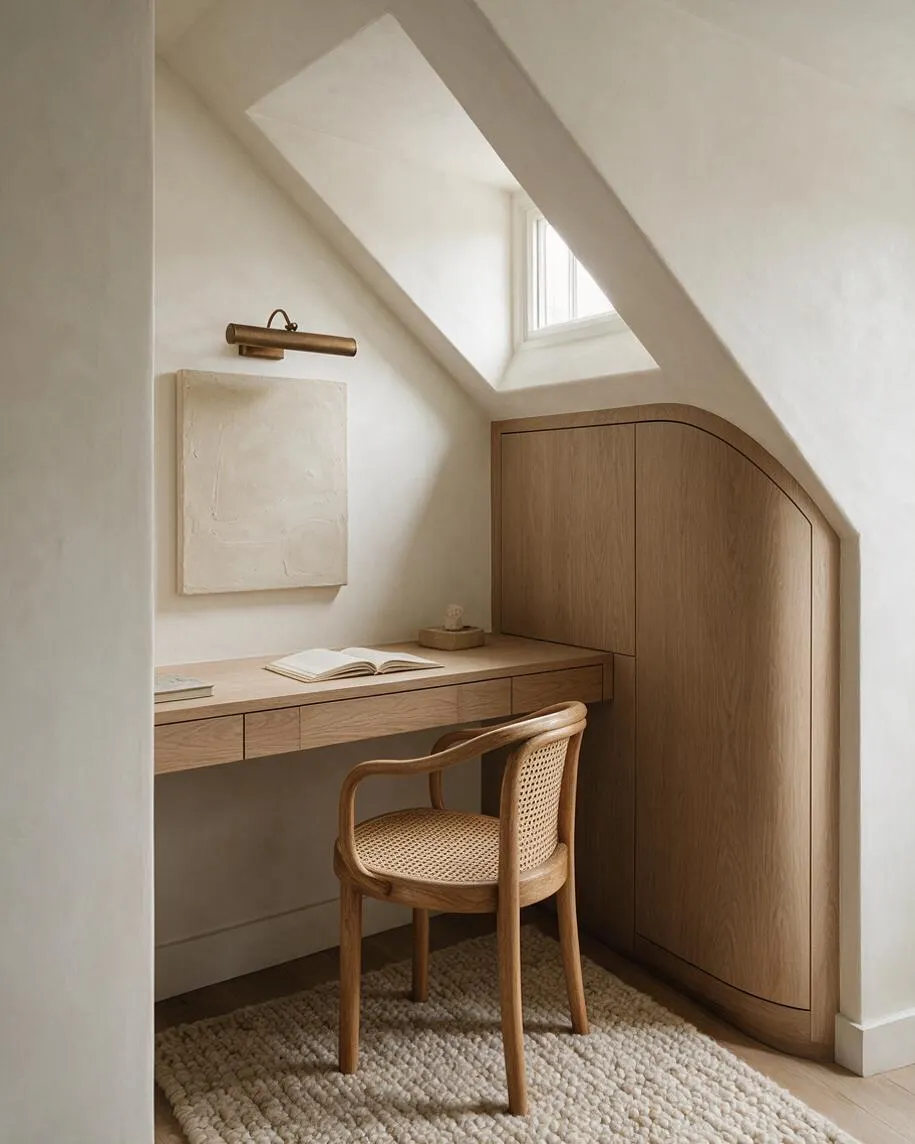 A compact attic home office with a built-in oak desk, a woven cane chair, and a curved wood storage cabinet tucked under a sloped ceiling. Soft cream walls, a textured neutral rug, and a small skylight create a calm, light-filled workspace.