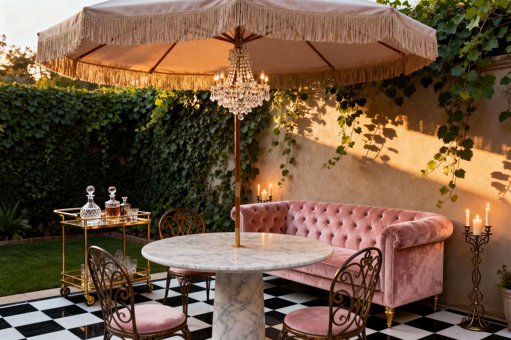 An outdoor patio in vintage glam style shows a blush pink tufted velvet sofa on a black-and-white checkerboard tile floor beside a round marble pedestal table and ornate metal chairs with velvet seats. A fringed beige umbrella holds a crystal chandelier above, with a brass bar cart of cut-glass decanters and wrought-iron candle stands set against an ivy-covered stucco wall glowing in warm evening light.