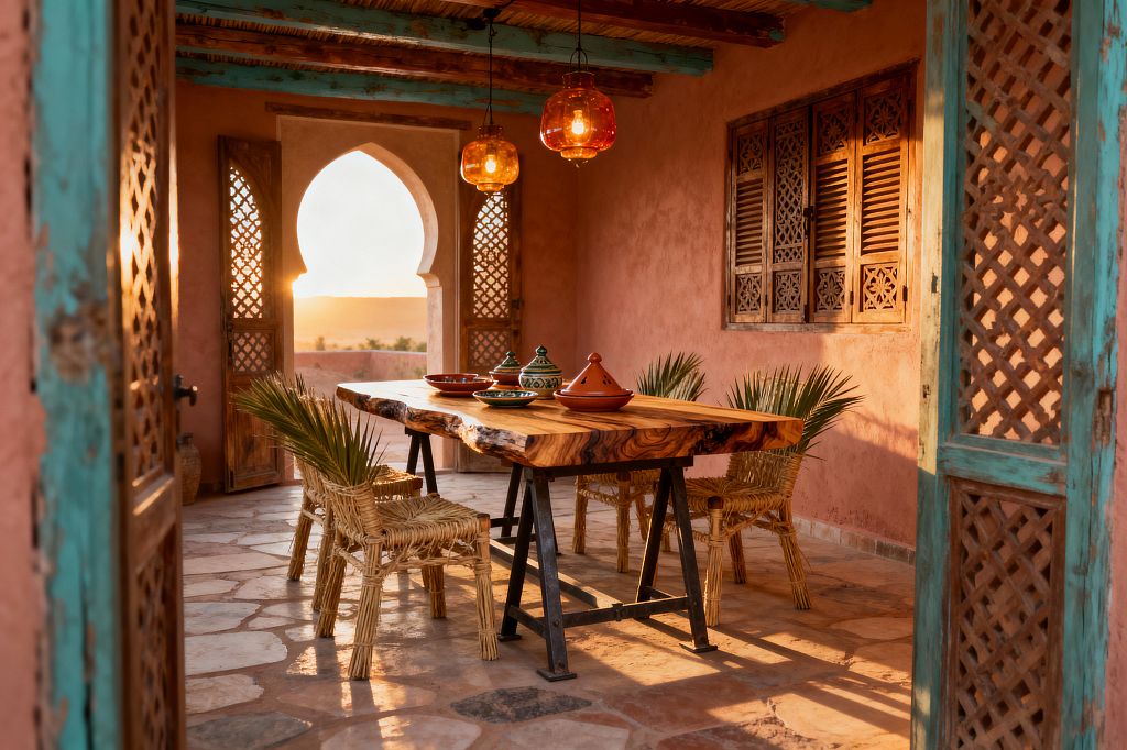 A Moroccan dining terrace at sunset features a live-edge wood table on black metal trestles with woven palm chairs holding fan fronds. Terracotta plaster walls, carved wooden shutters, and distressed turquoise lattice doors frame a keyhole arch to the horizon; amber glass pendants hang from exposed beams and reed slats above irregular stone flagstones, while earthenware tagines and bowls decorate the tabletop in warm golden light.