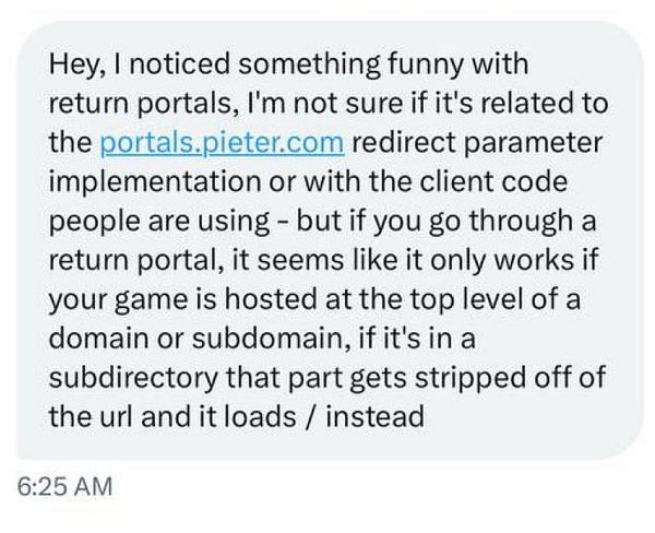 A message discussing a bug related to return portals on the portal.pieter.com website.