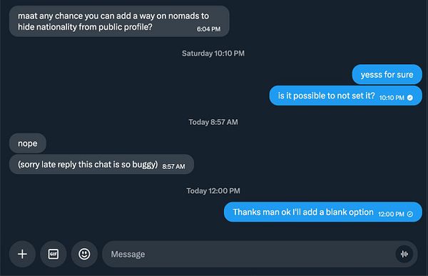 A direct message conversation about adding an option to hide nationality on a profile in the Nomads app.