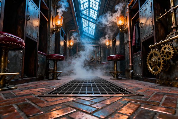 A symmetrical steampunk mudroom features riveted metal lockers and dark wood cubbies along both sides, with exposed copper pipes, brass gears, and lantern-style sconces glowing with Edison bulbs. A herringbone brick floor centers a black cast-iron trench grate releasing steam, while burgundy round leather stools on brass bases line the aisle beneath a steel-framed skylight that casts cool daylight into the moody space.