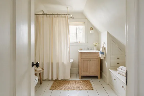 A bright coastal-style master bathroom with a cream shower curtain, light wood vanity, white beadboard-style walls, and a small window above the sink. A woven rug, folded towels, and simple brass and chrome fixtures add a relaxed, airy feel.