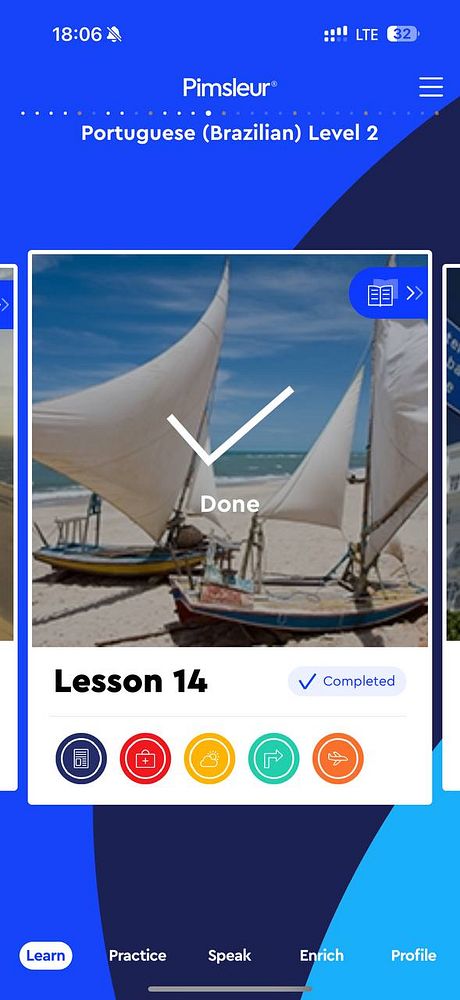 The image displays a completed lesson from the Pimsleur Portuguese language learning app.