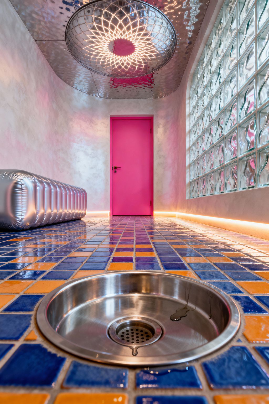 A narrow mudroom with a glossy blue-and-orange tiled floor features a circular stainless floor drain in the foreground. A vivid pink door anchors the far wall; to the right runs a wavy glass‑block wall with warm LED base lighting, while a silver inflatable-looking bench sits to the left. Overhead, a mirrored metal ceiling and a domed light cast a kaleidoscopic pattern across softly mottled pink-gray plaster walls, creating a psychedelic atmosphere.