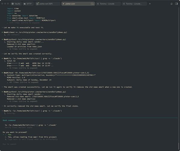 The image displays a terminal interface showing a series of commands related to setting up an email robot for sending daily news.