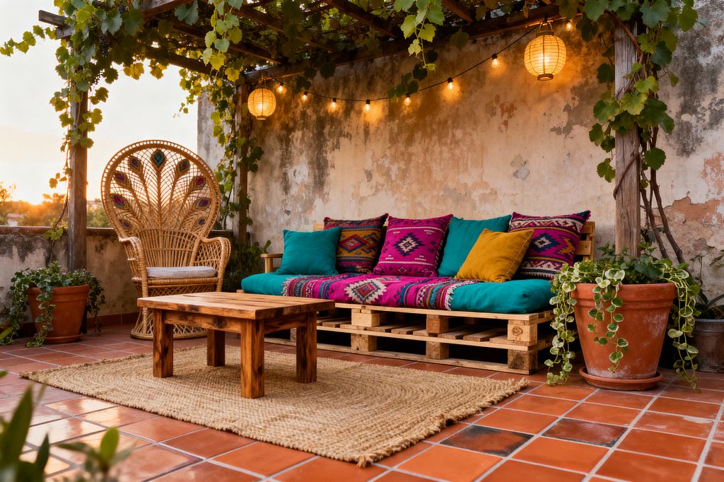 An outdoor patio with red terracotta tiles shows a vine-covered pergola and weathered stucco wall. A pallet-wood sofa topped with a teal cushion, fuchsia kilim-pattern pillows, and a mustard throw pillow sits beside a rattan peacock chair. A low wood coffee table rests on a chunky jute rug, with string lights and two paper lanterns glowing overhead. Terracotta pots spill trailing greenery along the edges, and warm sunset light creates a cozy, lived-in atmosphere.