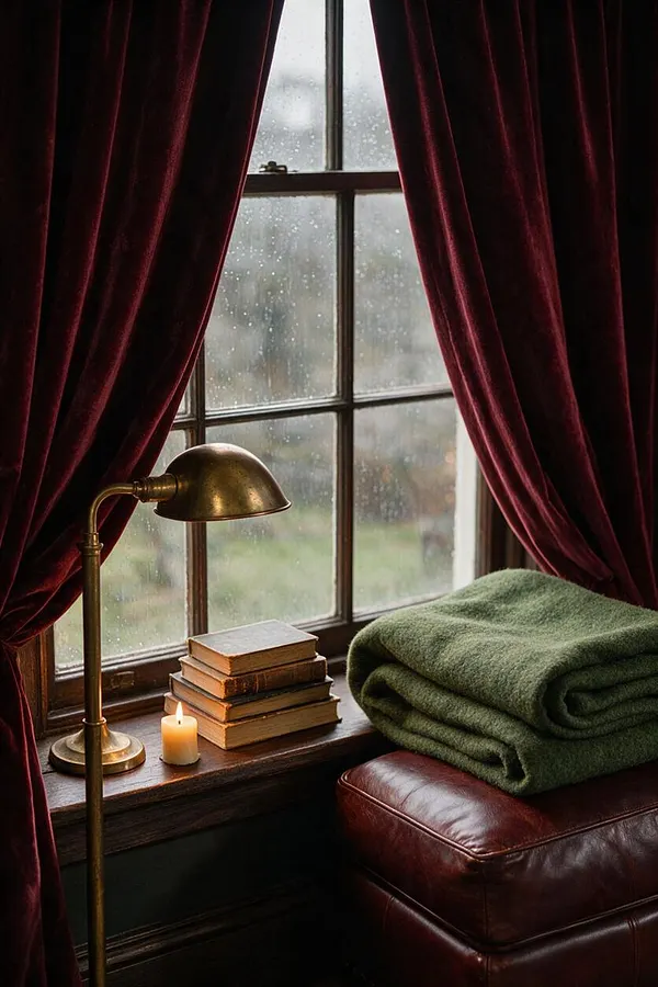 A dark academia reading nook beside a rain-speckled window, framed by deep burgundy velvet curtains. A brass task lamp, a small lit candle, a stack of worn books, a folded moss-green throw, and a burgundy leather ottoman create a warm, intimate atmosphere.