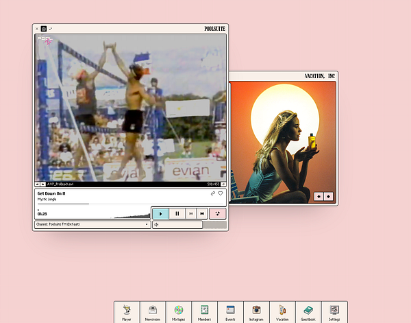 The image features a retro-style media player interface displaying a beach volleyball match alongside a vibrant photo of a woman holding a drink.