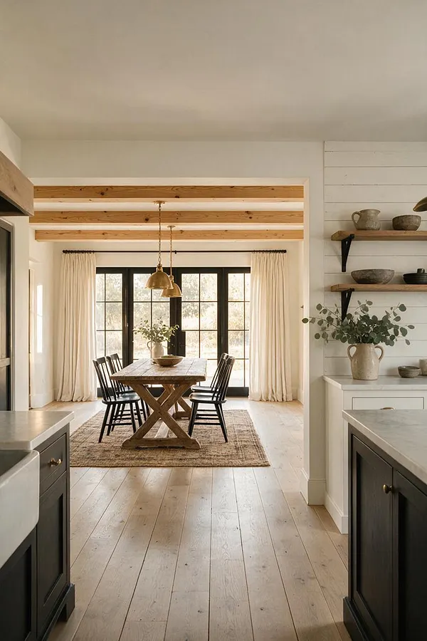 A bright farmhouse-style sunroom with a rustic wooden dining table and black spindle chairs centered on a natural woven rug. Exposed wood ceiling beams, brass pendant lights, cream curtains, and black-framed glass doors create a warm, airy look, while open shelves with ceramic decor and greenery add a soft, lived-in feel.