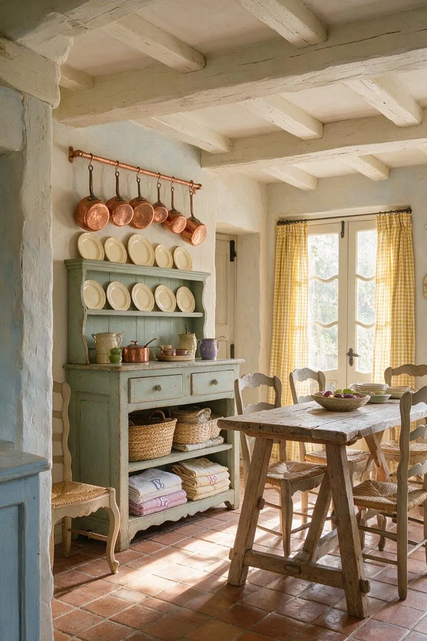 A French Country studio apartment kitchen and dining nook with whitewashed beamed ceilings, terracotta tile floors, and a pale green painted hutch displaying cream plates and woven baskets. Copper pans hang above the hutch, while a rustic wooden table and woven chairs sit beside yellow gingham curtains and a sunlit glass door.