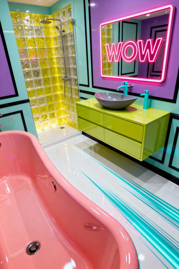 A Pop Art bathroom with a glossy bubblegum pink freestanding tub, mint walls outlined in black, and a chartreuse floating vanity topped with a gray vessel sink. A lavender panel holds a mirror edged by a pink neon “WOW” sign; a glass-block shower glows yellow behind a chrome rain shower, while a high-gloss white floor features turquoise stripes and matching faucet accents for a bold, playful look.