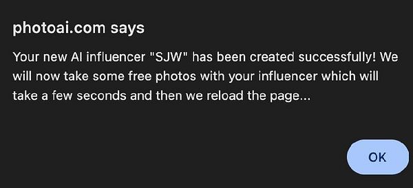 A notification message confirming the successful creation of an AI influencer named 'SJW'.