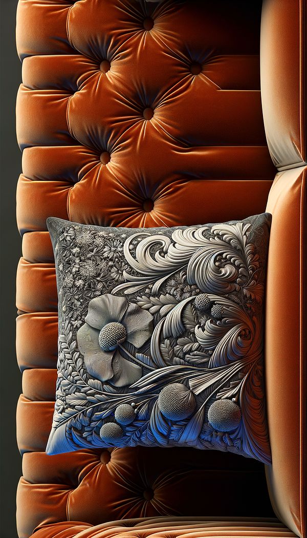 A luxurious throw pillow with delicate silk ruching, creating a rich texture that contrasts with a smooth velvet sofa.