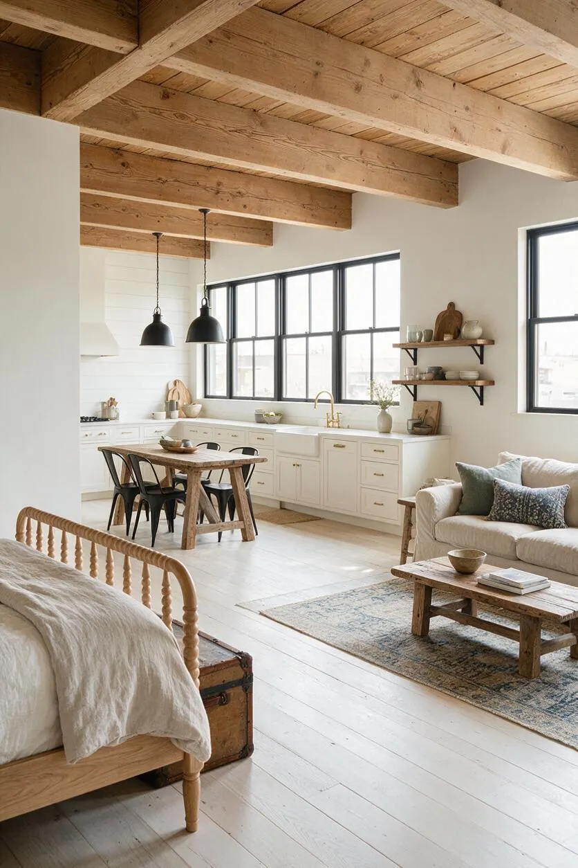 A bright studio apartment combines a sleeping area, kitchen, and living space in one open room. Exposed wood ceiling beams, black metal pendant lights, white cabinetry, a rustic wood dining table, and a beige sofa create a warm modern farmhouse feel.
