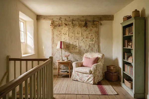 A cozy basement sitting area with cream plaster walls, a floral armchair with a pink cushion, a small wicker side table, and a green painted bookshelf filled with books. A floral fabric wall hanging, dried flowers, woven baskets, and a natural fiber rug add to the warm cottagecore feel.