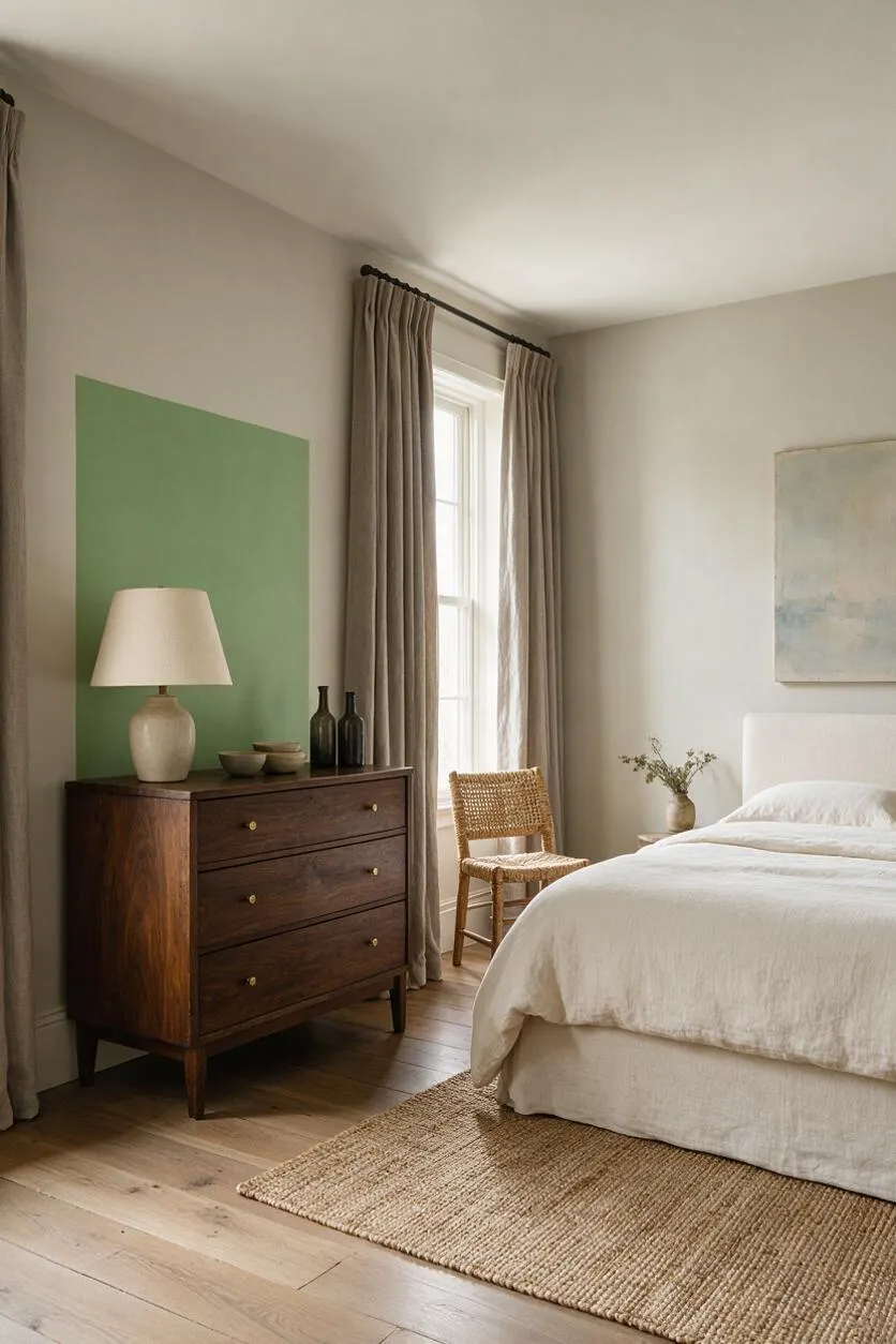 A serene transitional guest bedroom with a white upholstered bed, dark wood dresser, and woven chair beside a tall window. Soft taupe curtains, a green wall accent, and a natural jute rug create a calm neutral palette with organic texture.